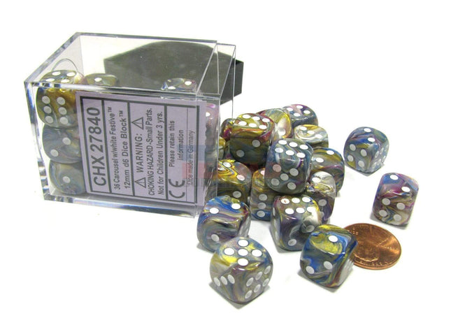 Gamers Guild AZ Chessex CHX27840 CHESSEX CAROUSEL / WHITE 12MM FESTIVE Chessex