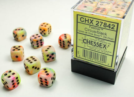 Gamers Guild AZ Chessex CHX27842 -  Chessex 12mm D6  Circus/Black Festive Chessex
