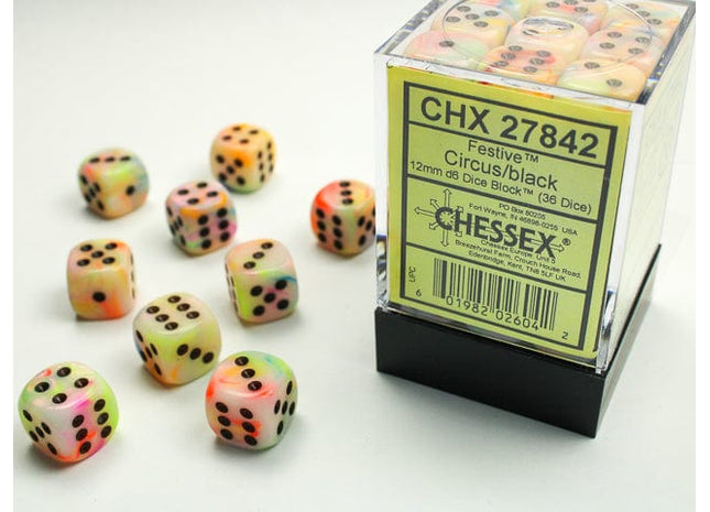 Gamers Guild AZ Chessex CHX27842 -  Chessex 12mm D6  Circus/Black Festive Chessex
