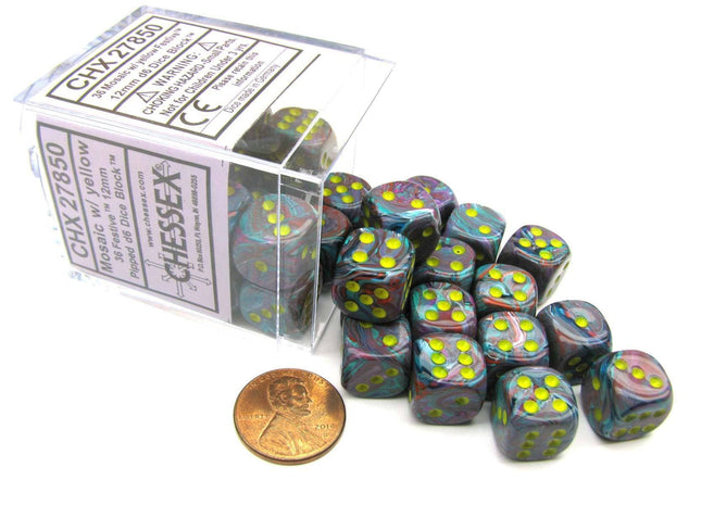 Gamers Guild AZ Chessex CHX27850 - Chessex 12mm Set of 36 D6 Festive Mosaic/Yellow Chessex