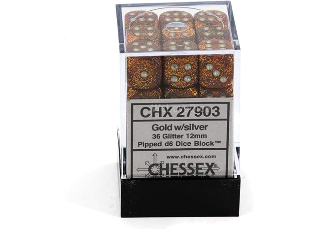 Gamers Guild AZ Chessex CHX27903 – Chessex 12mm Block Glitter Gold/Silver Chessex