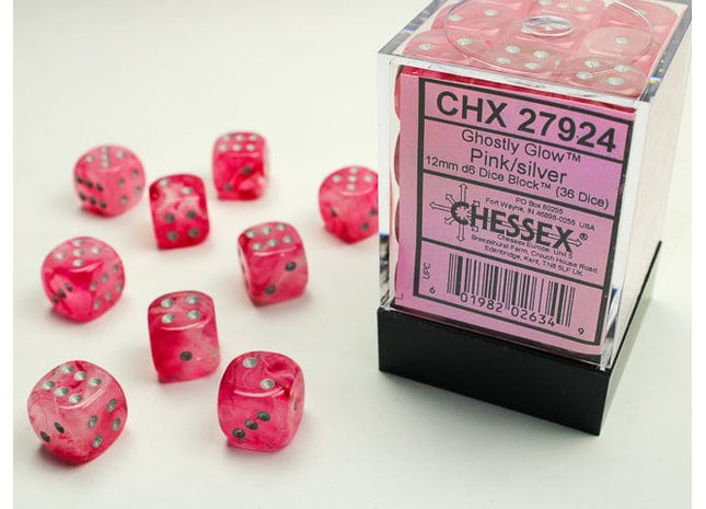 Gamers Guild AZ Chessex CHX27924 -  Chessex 12mm D6 Pink/Silver Ghostly Glow Chessex