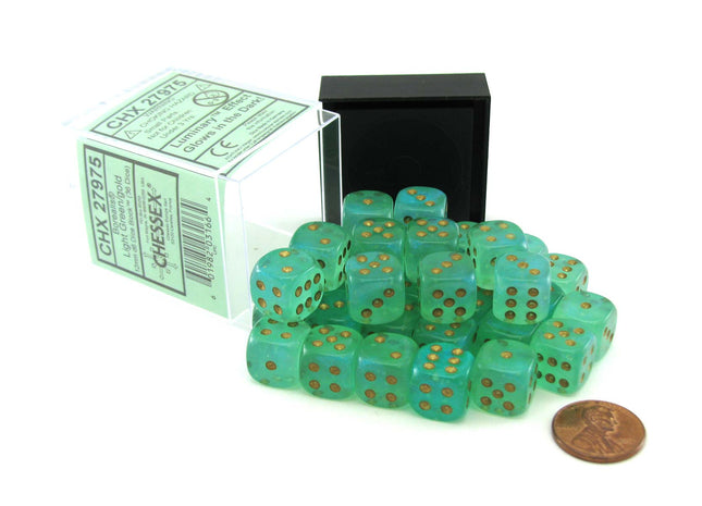 Gamers Guild AZ Chessex CHX27975 - Chessex 12mm D6 Borealis Lt Green Gold Luminary Chessex