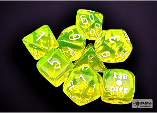 Gamers Guild AZ Chessex CHX30061 Chessex Lab Dice: Translucent Neon Yellow/white Chessex