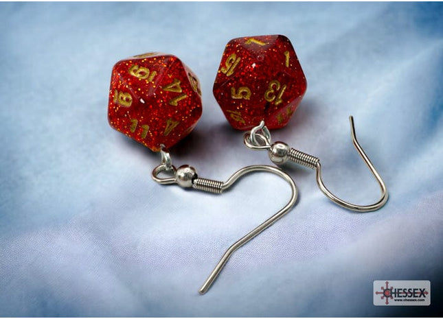 Gamers Guild AZ Chessex CHX54208 - Hook Earrings Glitter Ruby Mini-Poly d20 Pair Chessex