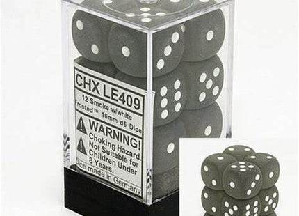 Gamers Guild AZ Chessex CHXLE409 - Chessex 16mm Set of 12 D6 Frosted Smoke/White Chessex