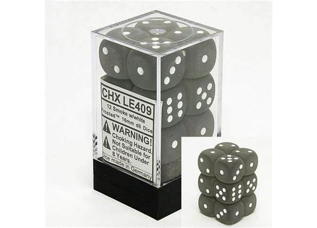 Gamers Guild AZ Chessex CHXLE409 - Chessex 16mm Set of 12 D6 Frosted Smoke/White Chessex