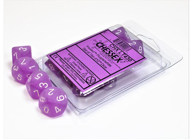Gamers Guild AZ Chessex CHXLT430 - Chessex Set of Ten D10 Frosted Purple / White Chessex