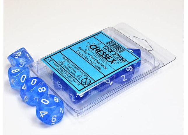 Gamers Guild AZ Clearance CHX27226 - Chessex Set of Ten D10 Borealis Sky Blue / White - Black Friday Clearance