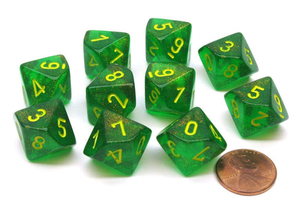 Gamers Guild AZ Clearance CHX27365 - Chessex Set of Ten d10 Borealis Maple Green/Yellow - Black Friday Clearance