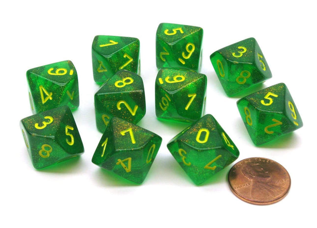 Gamers Guild AZ Clearance CHX27365 - Chessex Set of Ten d10 Borealis Maple Green/Yellow - Black Friday Clearance