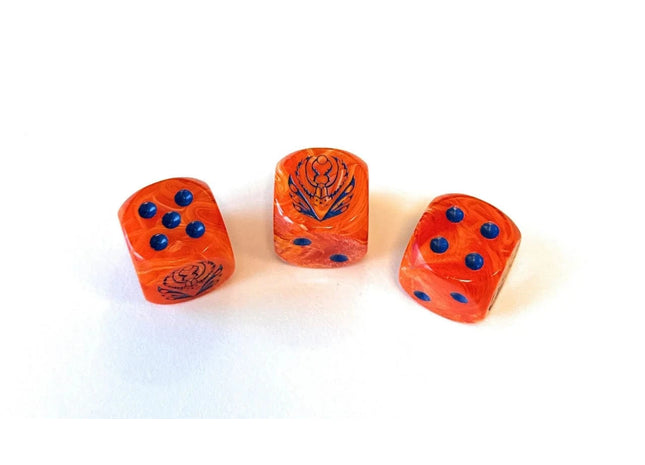 Gamers Guild AZ Conquest Conquest: Dice - Weaver Courts Logo on Peach Marbled Dice with Navy Blue Pips (Pre-Order) Para Bellum Games