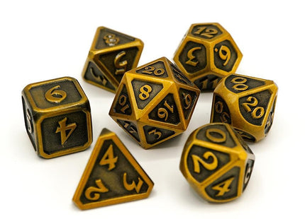 Gamers Guild AZ Die Hard Die Hard Metal Dice - 7-piece Set - Mythica Battleworn Gold - Black Friday Discontinue