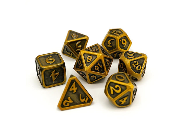 Gamers Guild AZ Die Hard Die Hard Metal Dice - 7-piece Set - Mythica Battleworn Gold Die Hard