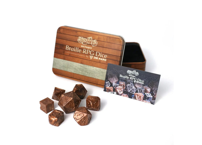 Gamers Guild AZ Die Hard RPG Dice Set - DOTS Braille Acrylic - Molten Bronze (7 Dice Set) - Black Friday Discontinue