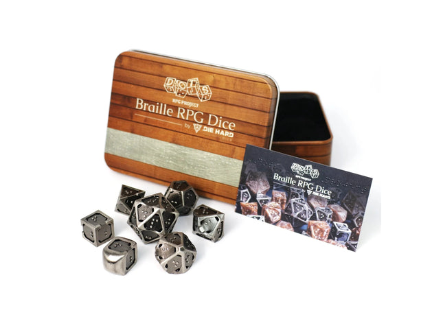Gamers Guild AZ Die Hard RPG Dice Set - DOTS Braille Hollow Metal - Silver Ingot (7 Dice Set) Die Hard