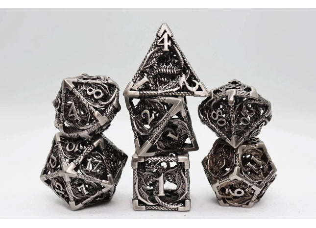 Gamers Guild AZ Foam Brain Games Bound Dragon: Silver - Hollow Metal RPG Dice Set Foam Brain Games