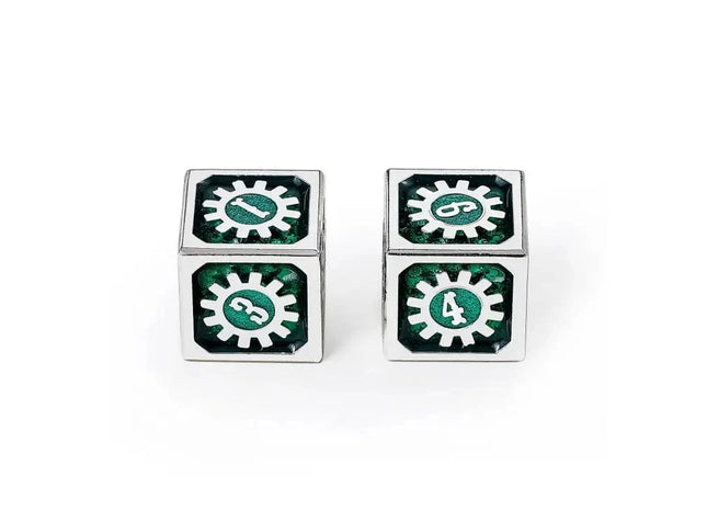 Gamers Guild AZ HYMGHO Cogcraft Fidget D6 - Vernmillion - Time Machine - Green & Silver HYMGHO