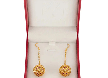 Gamers Guild AZ HYMGHO Dragon's Eye D20 Dice Earrings - Gold with Ruby Red Gems HYMGHO