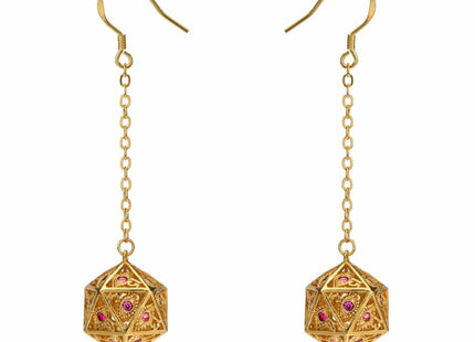 Gamers Guild AZ HYMGHO Dragon's Eye D20 Dice Earrings - Gold with Ruby Red Gems HYMGHO