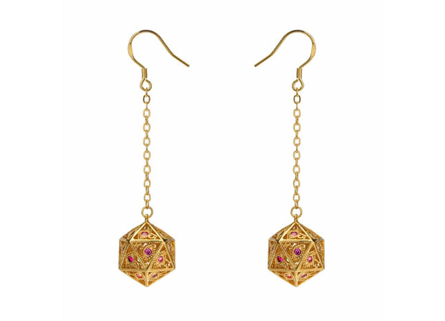 Gamers Guild AZ HYMGHO Dragon's Eye D20 Dice Earrings - Gold with Ruby Red Gems HYMGHO