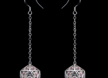 Gamers Guild AZ HYMGHO Dragon's Eye D20 Dice Earrings - Silver with Pink Gems HYMGHO