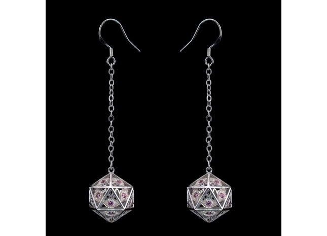 Gamers Guild AZ HYMGHO Dragon's Eye D20 Dice Earrings - Silver with Pink Gems HYMGHO