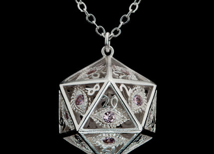 Gamers Guild AZ HYMGHO Dragon's Eye D20 Necklace - Silver with Pink Gems HYMGHO