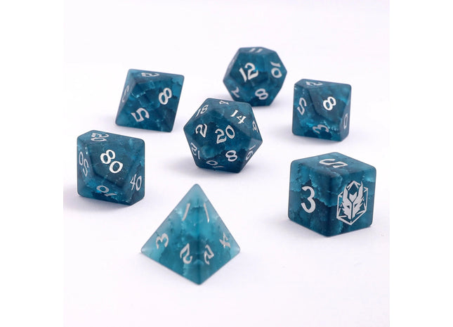 Gamers Guild AZ HYMGHO Dragon's Hoard Polyhedral Dice Set - Blasted Glass - Frosted Dark Blue Glass HYMGHO