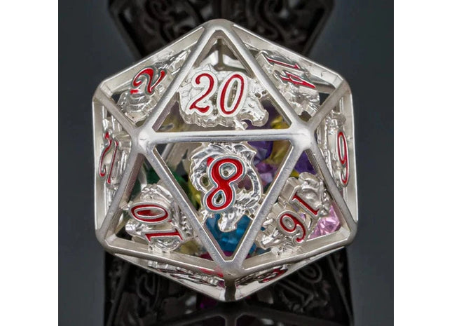 Gamers Guild AZ HYMGHO Hollow Dragon Single D20 Filled With Gems - Silver HYMGHO