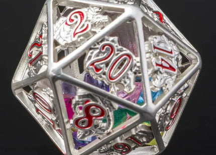 Gamers Guild AZ HYMGHO Hollow Dragon Single D20 Filled With Gems - Silver HYMGHO