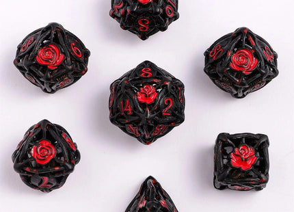 Gamers Guild AZ HYMGHO Hollow Rose Polyhedral Metal Dice Set - Black w/Blood Spatter HYMGHO