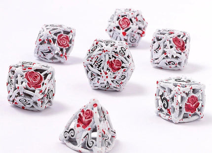 Gamers Guild AZ HYMGHO Hollow Rose Polyhedral Metal Dice Set - White w/ Blood Spatter HYMGHO