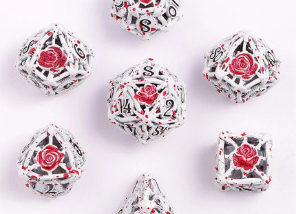 Gamers Guild AZ HYMGHO Hollow Rose Polyhedral Metal Dice Set - White w/ Blood Spatter HYMGHO