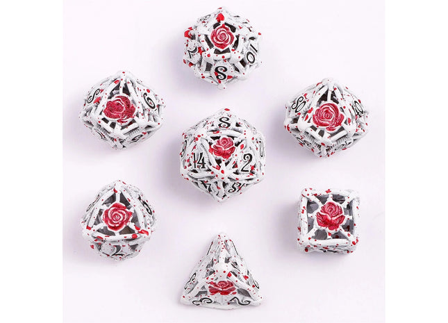 Gamers Guild AZ HYMGHO Hollow Rose Polyhedral Metal Dice Set - White w/ Blood Spatter HYMGHO