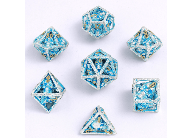 Gamers Guild AZ HYMGHO HY00355: Skull's Grin Hollow Metal Dice Set - Glow in the Dark Blue HYMGHO
