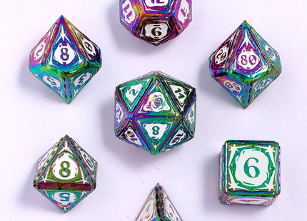 Gamers Guild AZ HYMGHO HY00579: Sorcerer Solid Metal RPG Dice Set - Rainbow w/ White HYMGHO