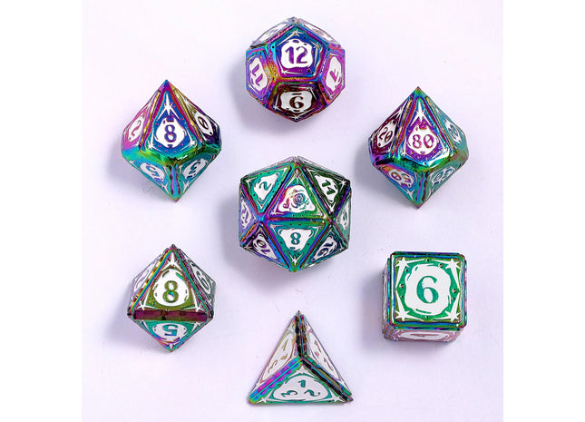 Gamers Guild AZ HYMGHO HY00579: Sorcerer Solid Metal RPG Dice Set - Rainbow w/ White HYMGHO