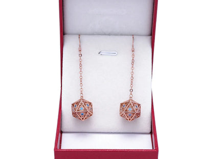 Gamers Guild AZ HYMGHO HYJ048: Dragon's Eye D20 Dice Earrings - Rose Gold with Blue Gems HYMGHO