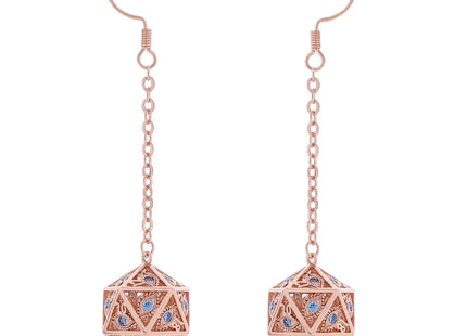 Gamers Guild AZ HYMGHO HYJ048: Dragon's Eye D20 Dice Earrings - Rose Gold with Blue Gems HYMGHO