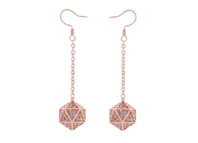 Gamers Guild AZ HYMGHO HYJ048: Dragon's Eye D20 Dice Earrings - Rose Gold with Blue Gems HYMGHO