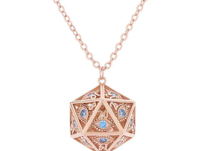 Gamers Guild AZ HYMGHO HYJ050: Dragon's Eye D20 Necklace - Rose Gold w/Blue Gems HYMGHO