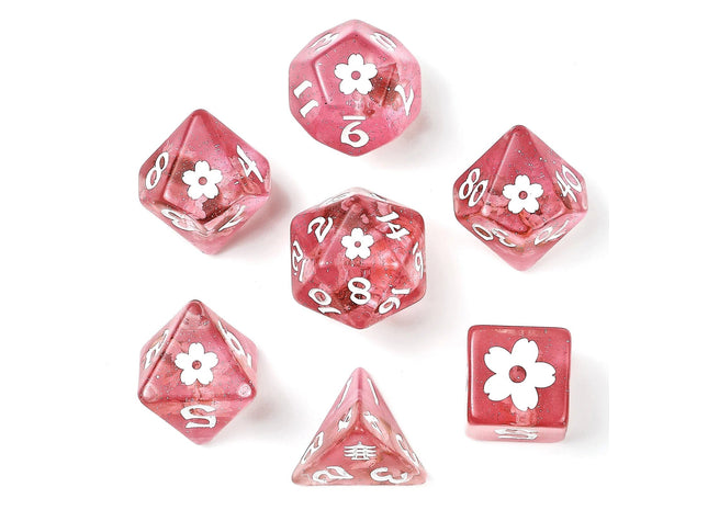 Gamers Guild AZ HYMGHO HYMGHO Dice: HY00323  - Wyrmforged Rollers - Sakura Blossom RPG Dice Set - Pink with White Ink HYMGHO