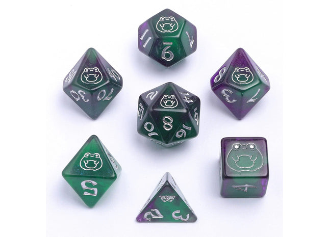 Gamers Guild AZ HYMGHO HYMGHO Dice: HY00326  - Wyrmforged Rollers - Rounded Resin Polyhedral Dice - Bog Frog Silver HYMGHO
