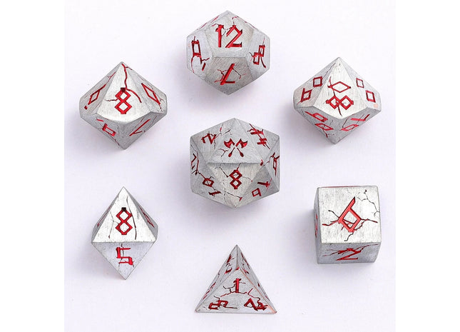 Gamers Guild AZ HYMGHO HYMGHO Dice: HY00356 Barbarian Solid Metal Polyhedral Dice Set - Matte Silver Red HYMGHO