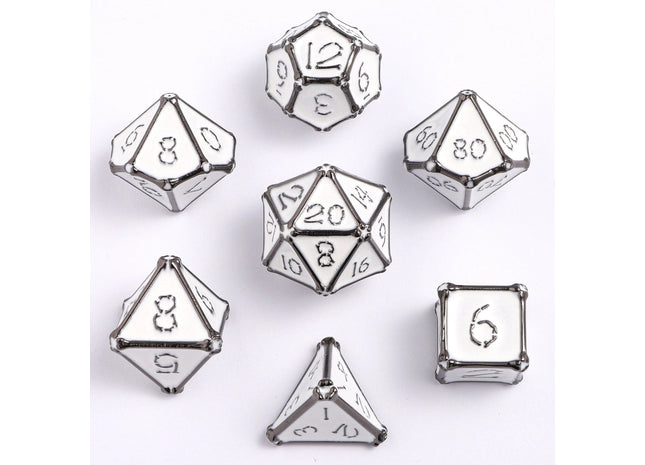 Gamers Guild AZ HYMGHO HYMGHO Dice: HY00377  - Bone Collector Solid Metal Dice Set - Gunmetal with White HYMGHO