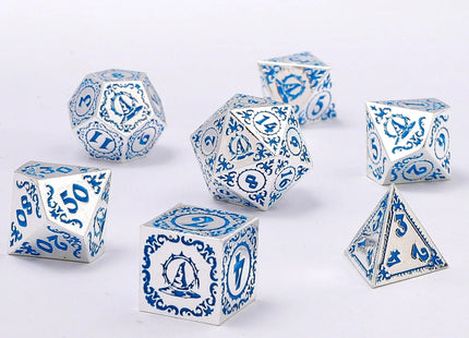 Gamers Guild AZ HYMGHO HYMGHO Dice: HY00412 - Wizard Solid Metal Polyhedral Dice Set - Silver with Blue HYMGHO