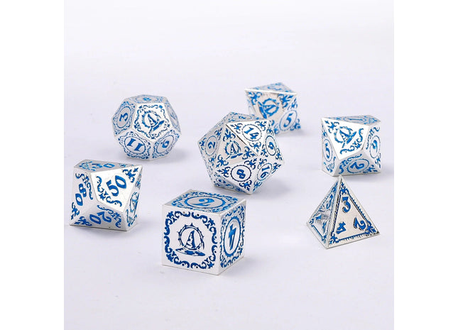 Gamers Guild AZ HYMGHO HYMGHO Dice: HY00412 - Wizard Solid Metal Polyhedral Dice Set - Silver with Blue HYMGHO
