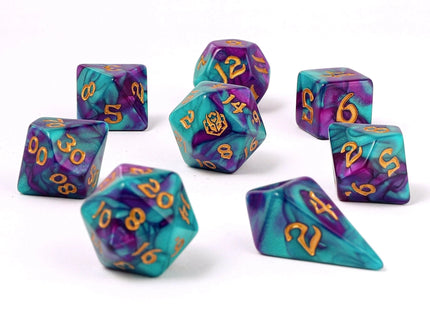 Gamers Guild AZ HYMGHO HYMGHO Dice: HY02001 Wyrmforged Rollers - Rounded Edge 8 Piece Polyhedral Dice set - Frostbloom HYMGHO