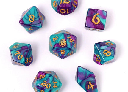 Gamers Guild AZ HYMGHO HYMGHO Dice: HY02001 Wyrmforged Rollers - Rounded Edge 8 Piece Polyhedral Dice set - Frostbloom HYMGHO
